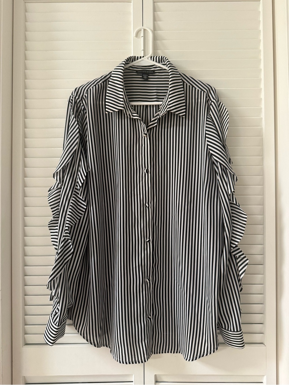 Saks Fifth Avenue Black and White Vertical Stripe Ruffle Sleeve Button-Down